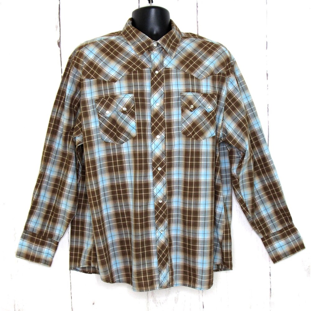 Wrangler Men's Western Pearl Snap Shirt Long Sleeve Brown Blue Plaid Size XXL